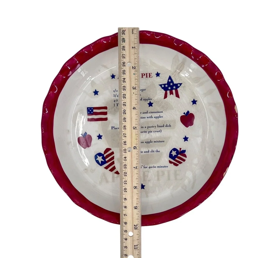 Americana Patriotic Apple Pie Recipe Stoneware Pie Plate 10 Inch Red White Blue